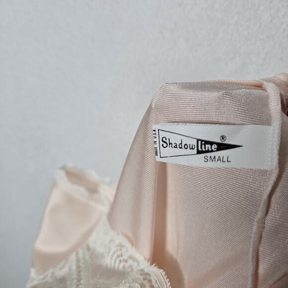 VTG Shadowline Satin Long Nightgown S Peach Sleeveless V-Neck Lace Embr Flowers - Picture 9 of 13